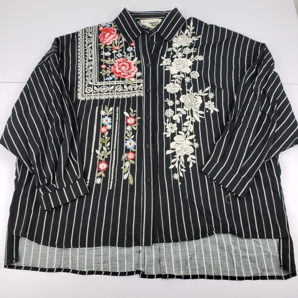 Savanna Jane Blouse Women's Small Black‎ Floral Striped Embroidered Button Shirt